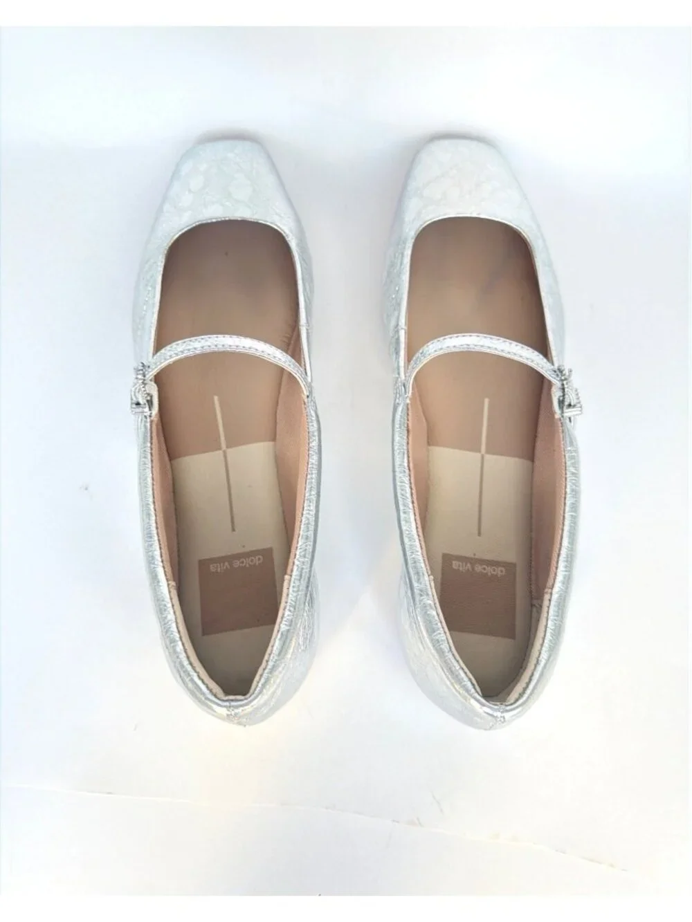 Dolce Vita Reyes Silver Distressed Leather Mary Jane Square-Toe Flats Size 8.5